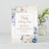 ダスティブルーホワイトフローラ金ゴールドグリッター75th誕生日 招待状 (スタンド正面)