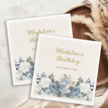 ダスティブルーホワイトフローラ金ゴールドハッピーバースデー名