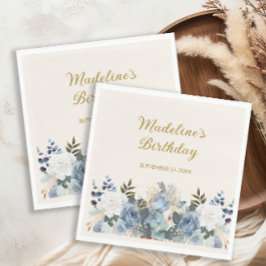 ダスティブルーホワイトフローラ金ゴールドハッピーバースデー名 スタンダードランチョンナプキン