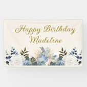 ダスティブルーホワイトフローラ金ゴールドハッピーバースデー名 横断幕 (横)