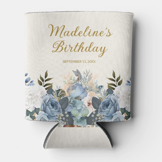 ダスティブルーホワイトフローラ金ゴールド誕生日名 缶クーラー (正面)