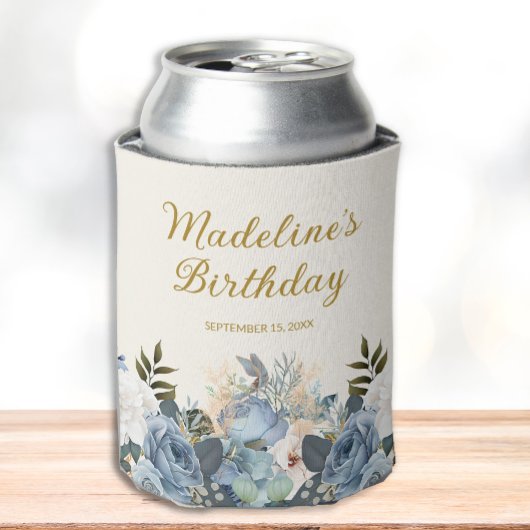 ダスティブルーホワイトフローラ金ゴールド誕生日名 缶クーラー