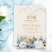 ダスティブルーホワイトフローラ金ゴールド80誕生日 招待状