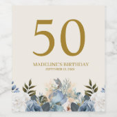 ダスティブルーホワイトフローラ50番目の誕生日名 ワインラベル (シングルラベル)
