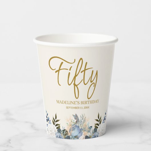 ダスティブルーホワイトフローラ50番目の誕生日名 紙コップ (裏面)