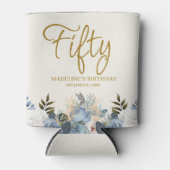 ダスティブルーホワイトフローラ50番目の誕生日名 缶クーラー (正面)