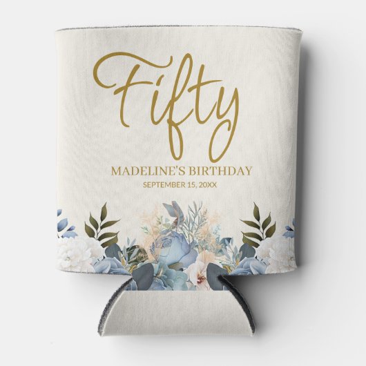 ダスティブルーホワイトフローラ50番目の誕生日名 缶クーラー (正面)