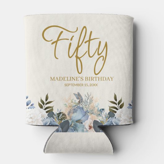 ダスティブルーホワイトフローラ50番目の誕生日名 缶クーラー (裏面)