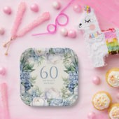 ダスティブルーホワイトフローラ60誕生日 ペーパープレート (パーティー)