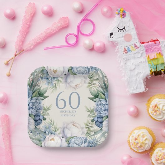 ダスティブルーホワイトフローラ60誕生日 ペーパープレート (パーティー)