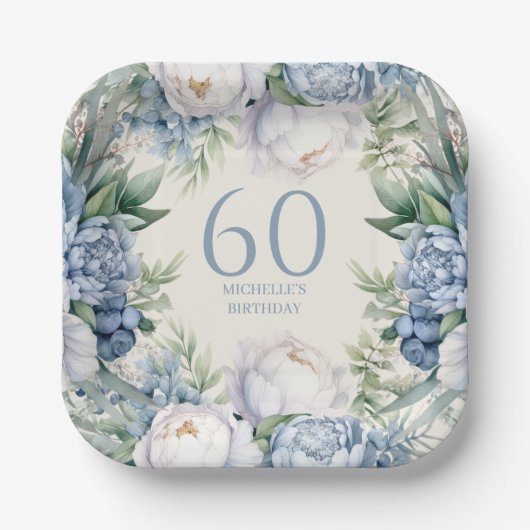 ダスティブルーホワイトフローラ60誕生日 ペーパープレート (正面)