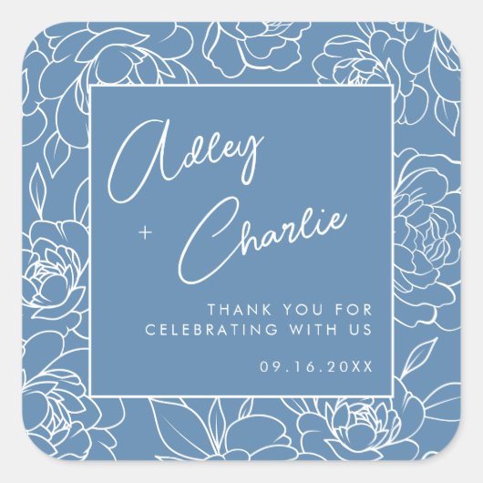 ダスティブルーホワイトボタニカル結婚式の引き出物ありがとう スクエアシール (正面)