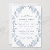 ダスティブルーホワイトヴィンテージ結婚フローラ 招待状 (正面)