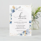 ダスティブルーホワイト金ゴールドフローラブライダルシャワー 招待状 (スタンド正面)