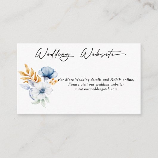 ダスティブルーホワイト金ゴールドフローラ結婚のウェブサイト エンクロージャーカード (正面)