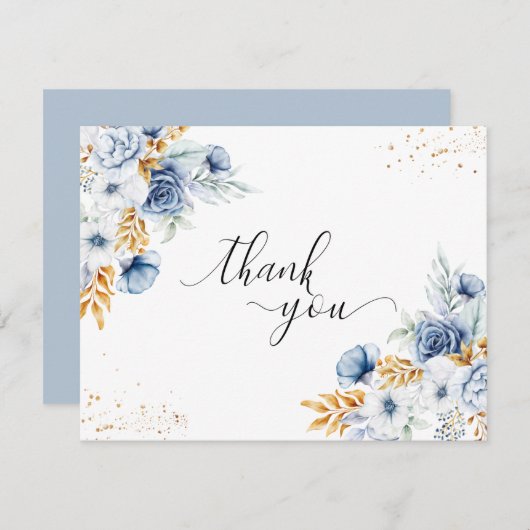 ダスティブルーホワイト金ゴールド結婚フローラ サンキューカード (正面/裏面)