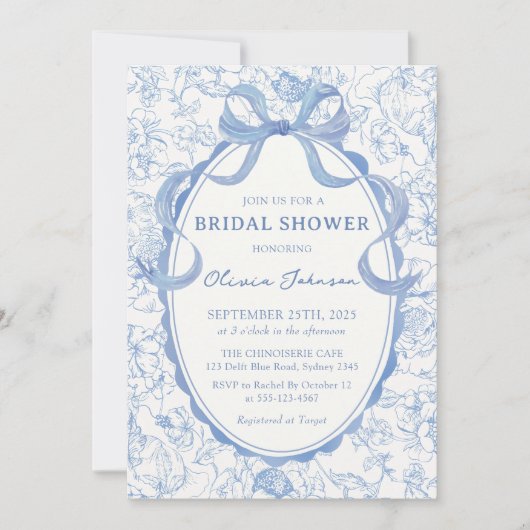ダスティブルーボウシノワセリーフローラブライダルシャワー 招待状 (正面)