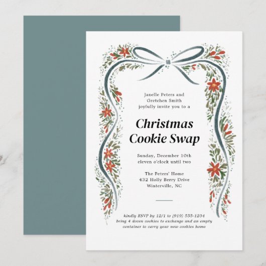 ダスティブルーボウ&ポインセティアスクリスマスホリデー 招待状 (正面/裏面)