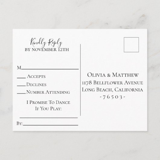 ダスティブルーボタニカルウェディングRSVPソングリクエスト インビテーションポストカード (裏面)