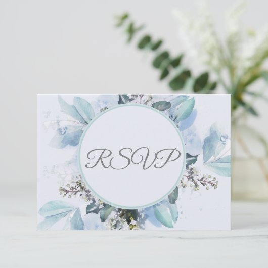 ダスティブルーボタニカルウォーターカラーウェディングRSVP 出欠カード (スタンド正面)
