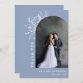 ダスティブルーボタニカルフローラアーチ結婚写真 サンキューカード (正面/裏面)