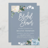 ダスティブルーボタニカルフローラブライダルシャワー 招待状 (正面/裏面)