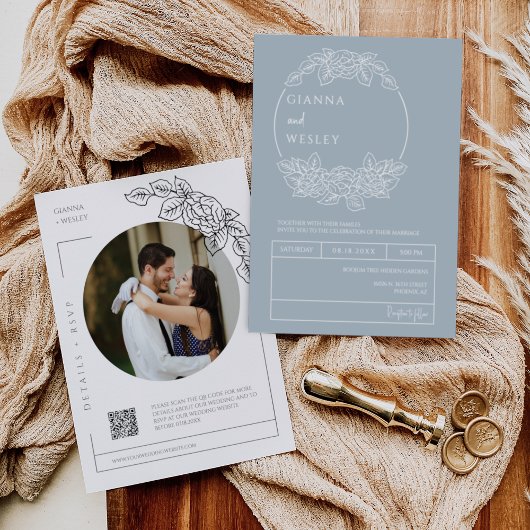 ダスティブルーボタニカルラインアートボホQRコードフォト 招待状