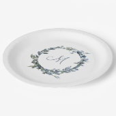 ダスティブルーボタニカルリースモノグラム ペーパープレート (アングル)