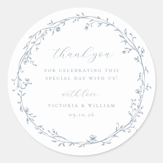 ダスティブルーボタニカルリース結婚式の引き出物 ラウンドシール (正面)