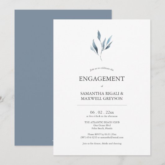 ダスティブルーボタニカル婚約パーティ招待状 招待状 (正面/裏面)
