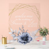 ダスティブルーボタニカル花模様結婚金ゴールド アクリルサイン (ウェディング)