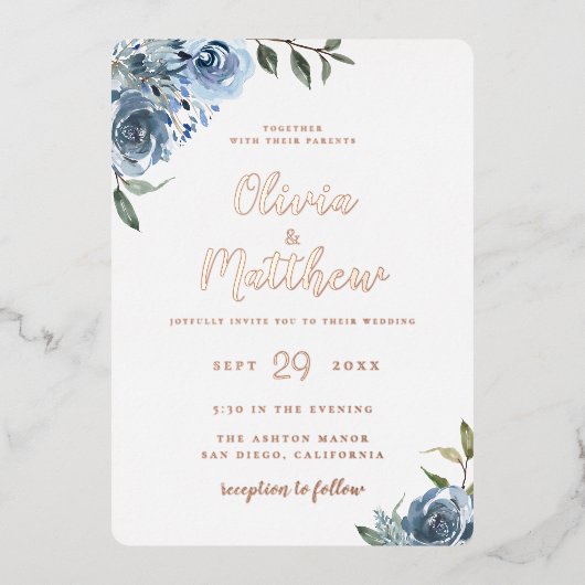 ダスティブルーボタニッ結婚クスフォイル招待状 箔招待状 (正面)