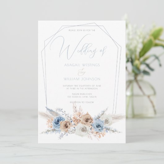 ダスティブルーボホエレガントまたはビーチ結婚式 招待状 (スタンド正面)