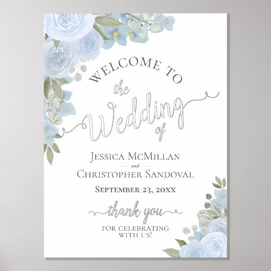 ダスティブルーボホフローラエレガントなウェディングウェルカム 箔ポスター (正面)