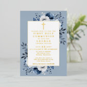 ダスティブルーボホフローラファースト聖餐式金ゴールド 箔招待状 (立ち正面)