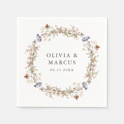 ダスティブルーボホワイルドフラワーリース結婚ズ スタンダードカクテルナプキン (正面)