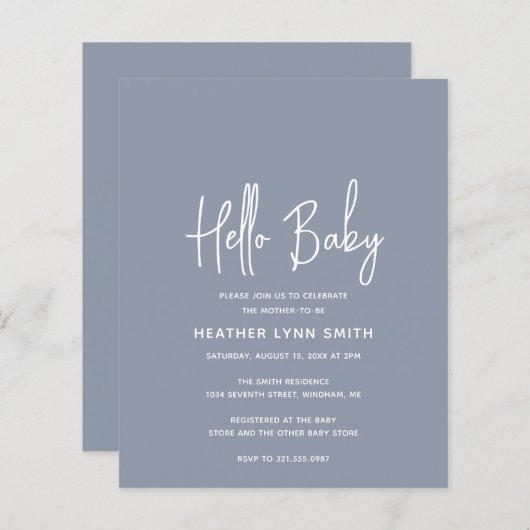 ダスティブルーボーイバジェットハローベビーシャワー招待状 (正面/裏面)