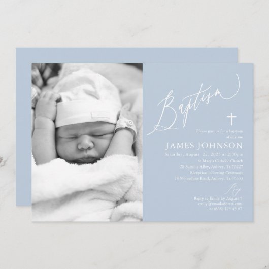 ダスティブルーボーイバプティスフォト招待状 招待状 (正面/裏面)