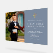 ダスティブルーボーイフォトファースト聖餐式へようこそ アクリルサイン (傾斜)