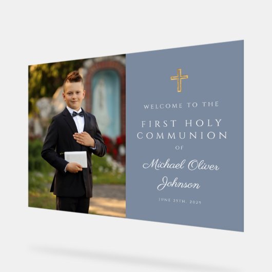 ダスティブルーボーイフォトファースト聖餐式へようこそ アクリルサイン (傾斜)