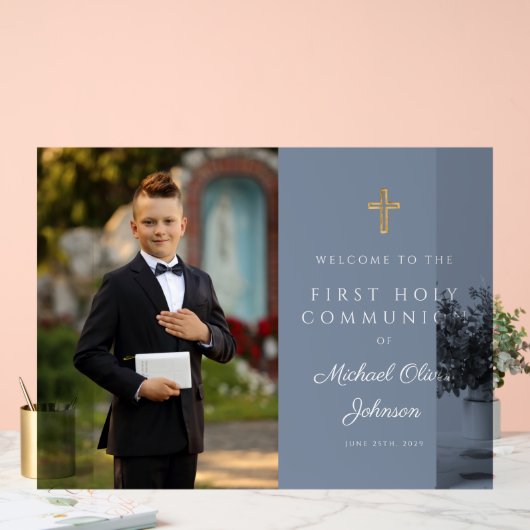 ダスティブルーボーイフォトファースト聖餐式へようこそ アクリルサイン (ウェディング)