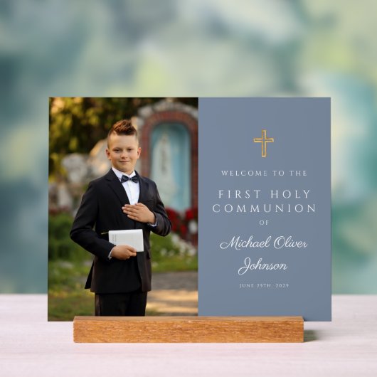 ダスティブルーボーイフォトファースト聖餐式へようこそ アクリルサイン (ニュートラル)
