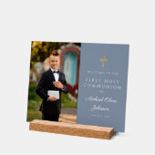 ダスティブルーボーイフォトファースト聖餐式へようこそ アクリルサイン (傾斜)