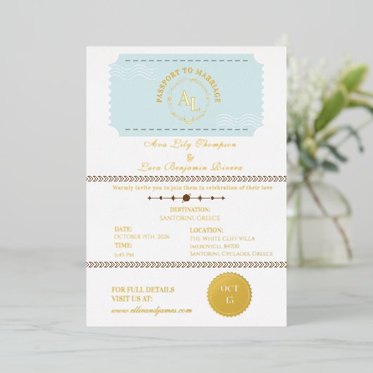 ダスティブルーボーディングパスコズミック結婚ズ 箔招待状 (立ち正面)