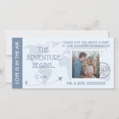 ダスティブルーボーディングパス目的地の結婚式 サンキューカード (正面)
