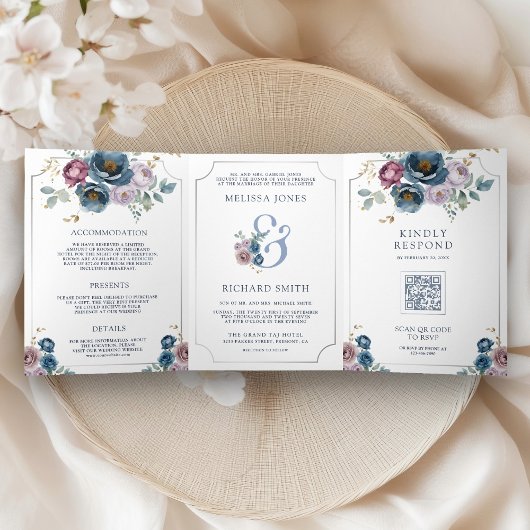 ダスティブルーマウブパープルフローラアンパサンド結婚ズ 三つ折り招待状