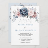 ダスティブルーマウヴバラピンク石板フローラ結婚ズイン 招待状 (正面/裏面)