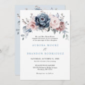 ダスティブルーマウヴバラピンク石板フローラ結婚ズイン 招待状 (正面/裏面)