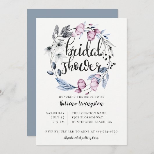 ダスティブルーマウヴフローラリースブライダルシャワー 招待状 (正面/裏面)
