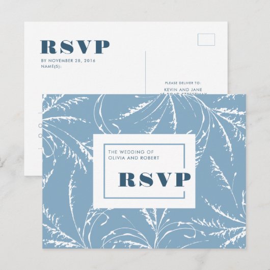 ダスティブルーミニマリストウェディングRSVP ポストカード (正面/裏面)